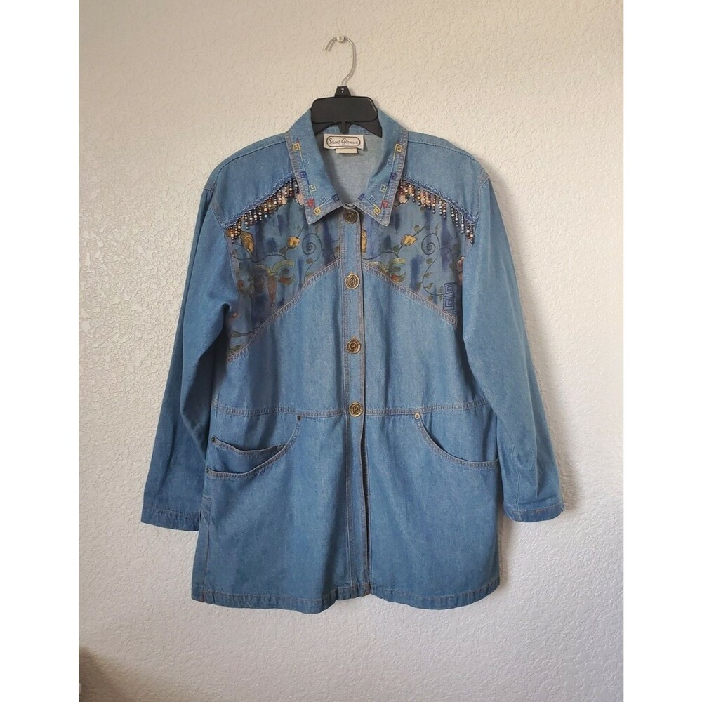 St. Germain Paris- Vintage, Embroidered Colar beads Floral Denim Shirt Size M